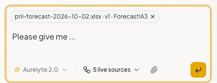 The message box with the attached reference pnl-forecast-2026-10-02.xlsx, version 1, Forecast!A3.