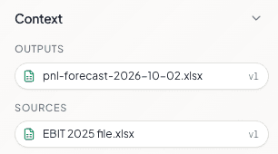 The context panel with one output, pnl-forecast-2026-10-02.xlsx version 1, and one source, EBIT 2025 file.xlsx version 1.