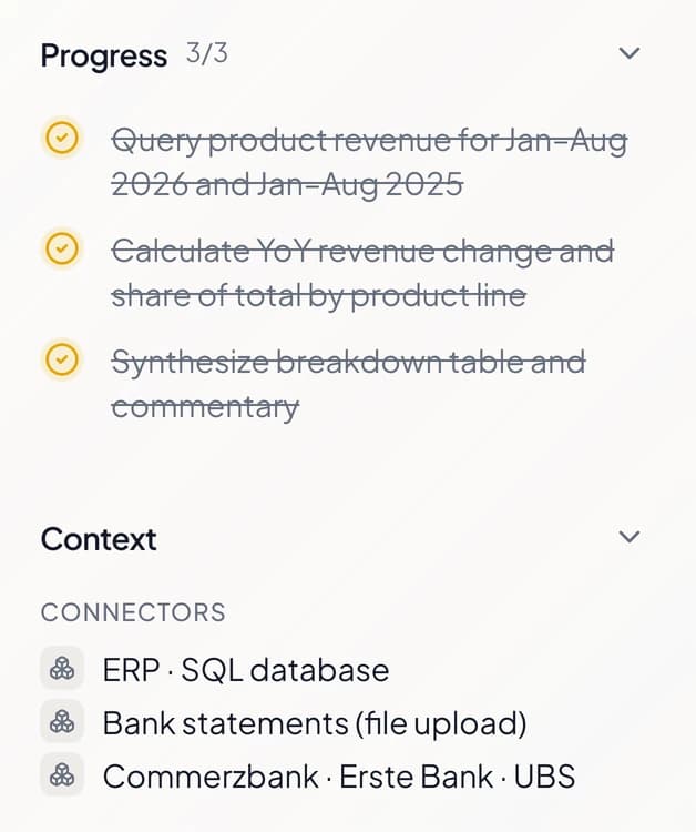 The Progress panel with three completed steps, and the Context panel listing the connectors used: an ERP SQL database, bank statements uploaded as files, and Commerzbank, Erste Bank and UBS.