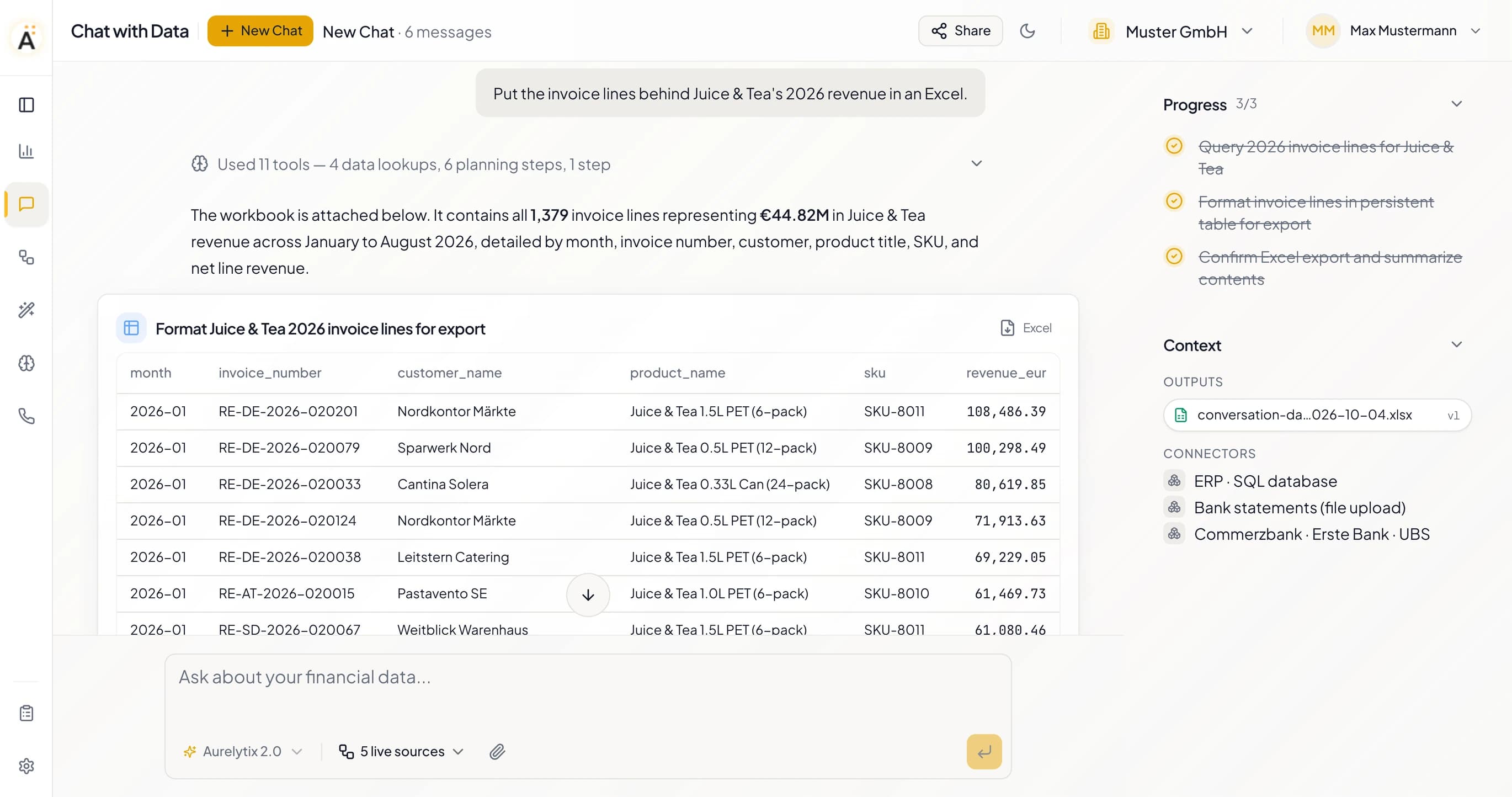 The request “Put the invoice lines behind Juice & Tea's 2026 revenue in an Excel.” answered with 1,379 invoice lines worth €44.82M, a table of the lines and the workbook listed under Outputs.